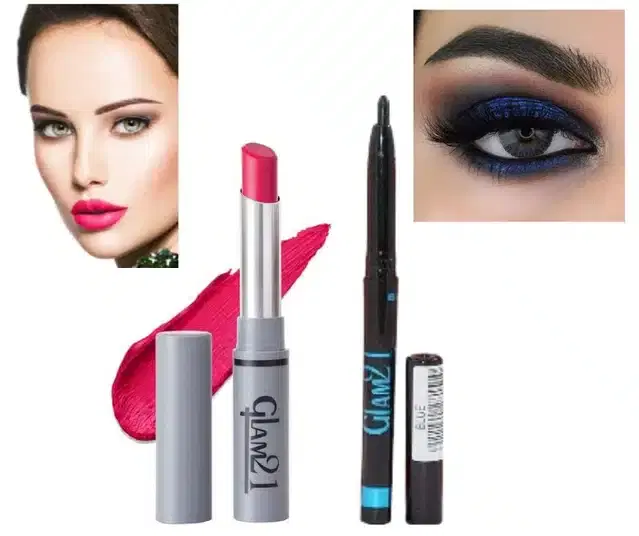 Glam21 Long Lasting Non Transfer Lipstick with Kajal, Magenta & Blue, Set of 2