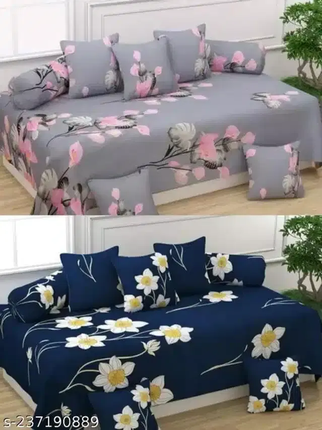 Polycotton Diwan Cover Set, Grey & Navy Blue, Combo of 2