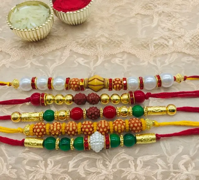 Handmade Designer Rakhi with Roli Chawal, Multicolor, Pack of 5