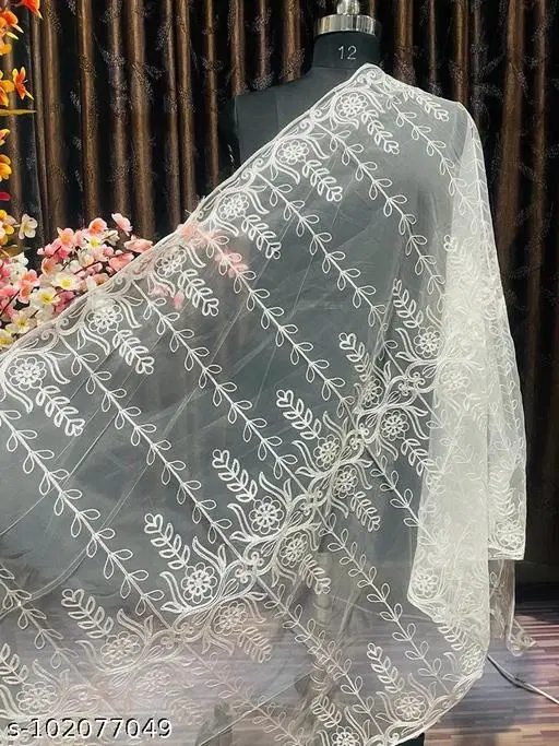 Embroidered Net Dupatta for Women (White, Free Size)