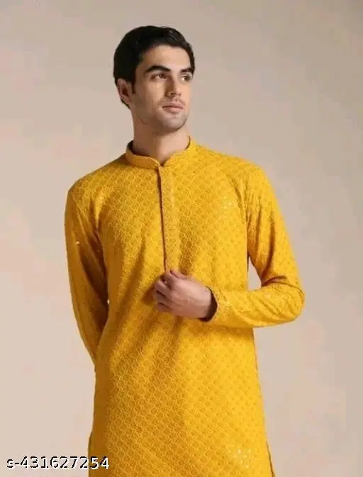 Embellished Mandarin Neck Kurta for Men (Yellow, XXS)