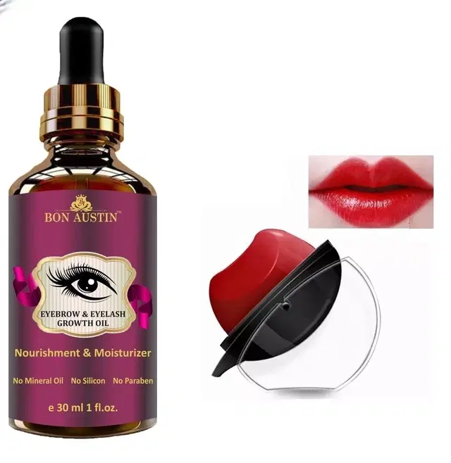 Bon Austin Eyebrow & Eyelash Growth Oil, 30 ml with Apple Shaped Lipstick, Red, Set of 2