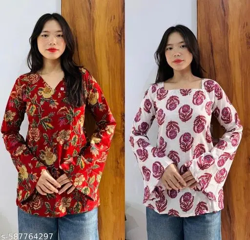 Floral Cotton Short Kurti for Women, Pack of 2 (White, XL)