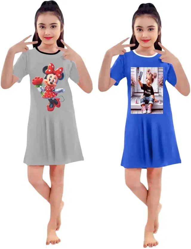 Graphic Print Cotton Blend Shift Dress for Girls, Pack of 2 (Grey & Blu, 3-4 Y)