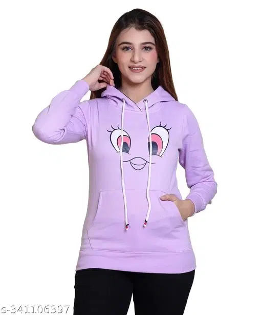 Fleece Printed Hoodie for Women (Lavender, M)