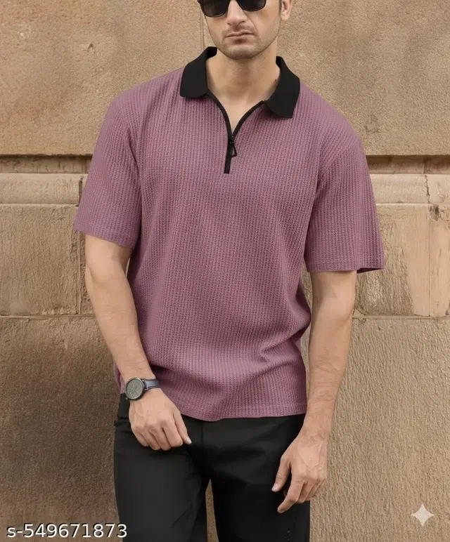 Poly Cotton Solid T-Shirt for Men, Pink (L)