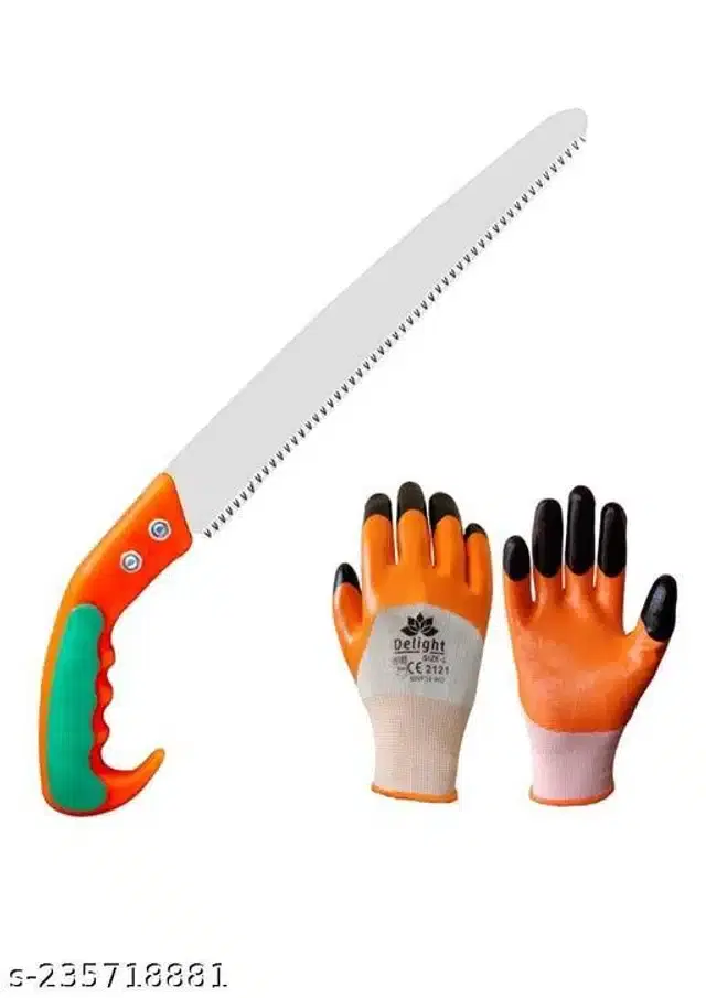 Foldable Hand Pruning Saw & Hand Gloves, Set of 2, Orange