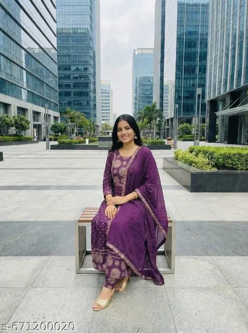 Printed A-line Kurta Set for Women (Purple, S)