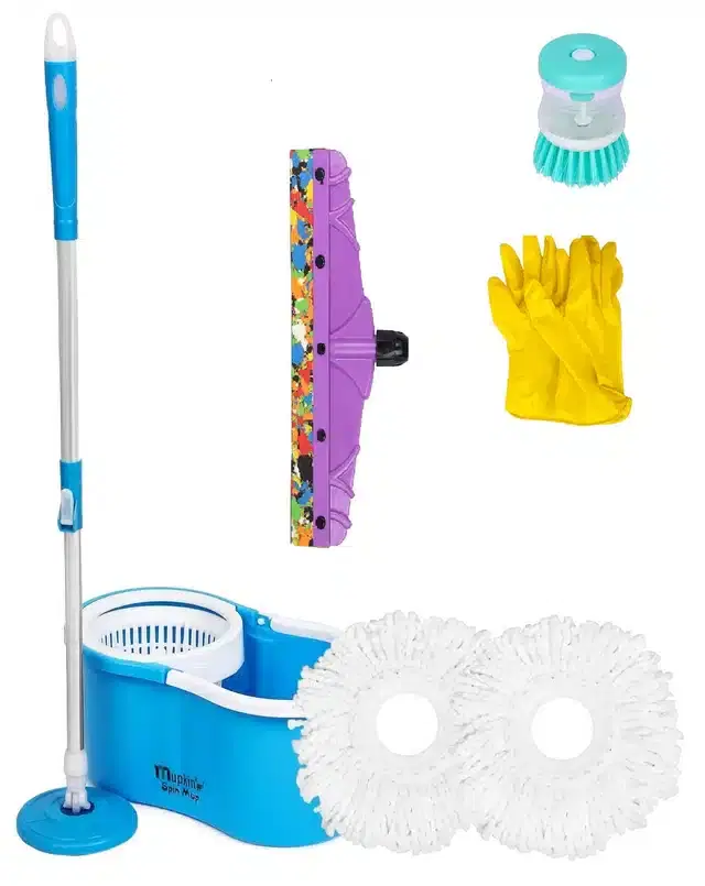 PVC Magic Spin Bucket Mop with 2 Refill & Cleaning Accessories Set, Blue, Set of 4