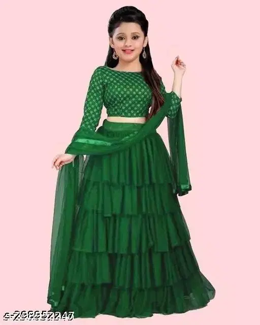 Net Solid Lehenga Choli with Dupatta for Girls (Green, 2-3 Years)
