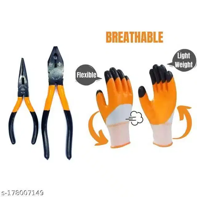 Safety Hand Gloves with Combination & Long Nose Plier, Set of 3, Orange & Black