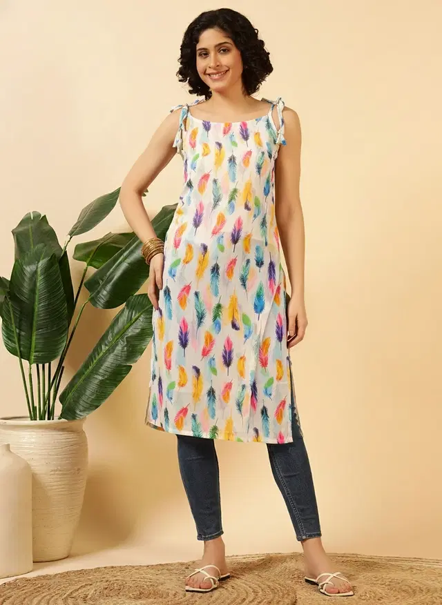 Tie Up Sleeveless Kurti for Women (White, S)