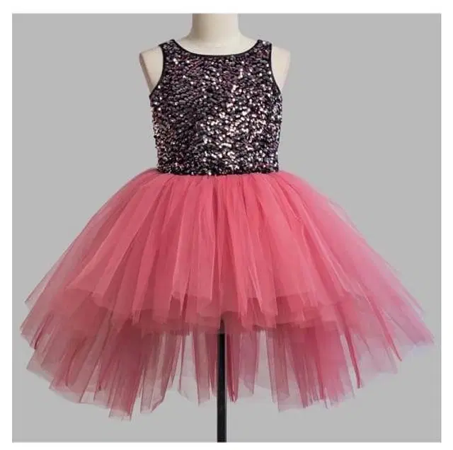 Net Solid Frock for Girls (Black & Pink, 9-12 Months)