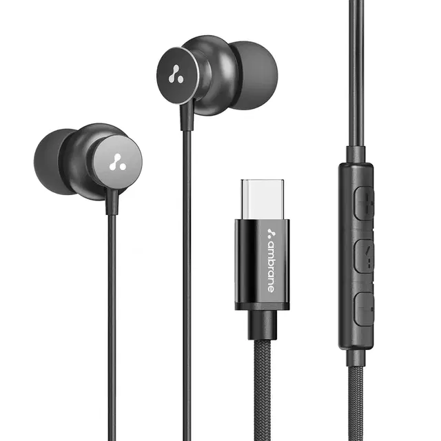Ambrane Type C Wired In Ear Earphones With in-Line Mic For Clear Calling,1.2M Cable,10Mm Dynamic Drivers For Boostedbass,Control Buttons For iPhone 15,Samsung&Type C Devices(Stringz 38C,Black)