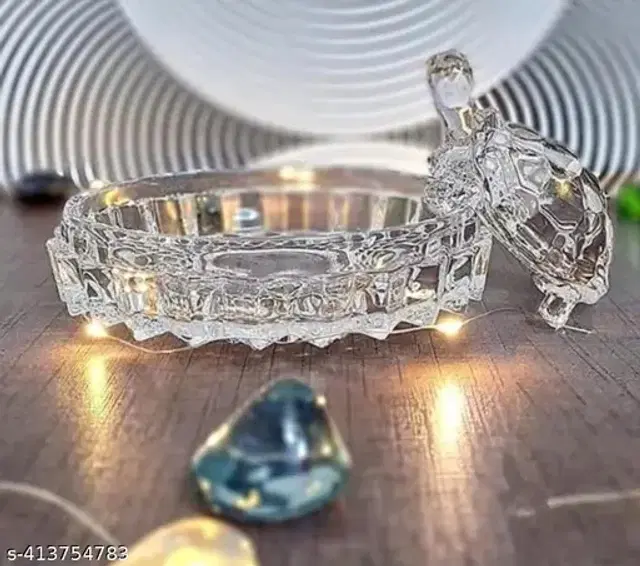 Vastu Feng Shui Crystal Glass Tortoise with Plate Showpiece, Transparent, Set of 1