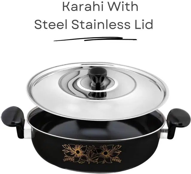 Cast Iron Kadai with Lid, Black & Silver, 28 cm
