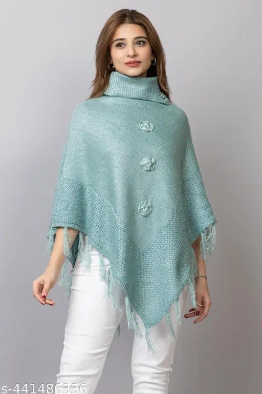 Woolen Poncho for Women (Sea Green, Free Size)