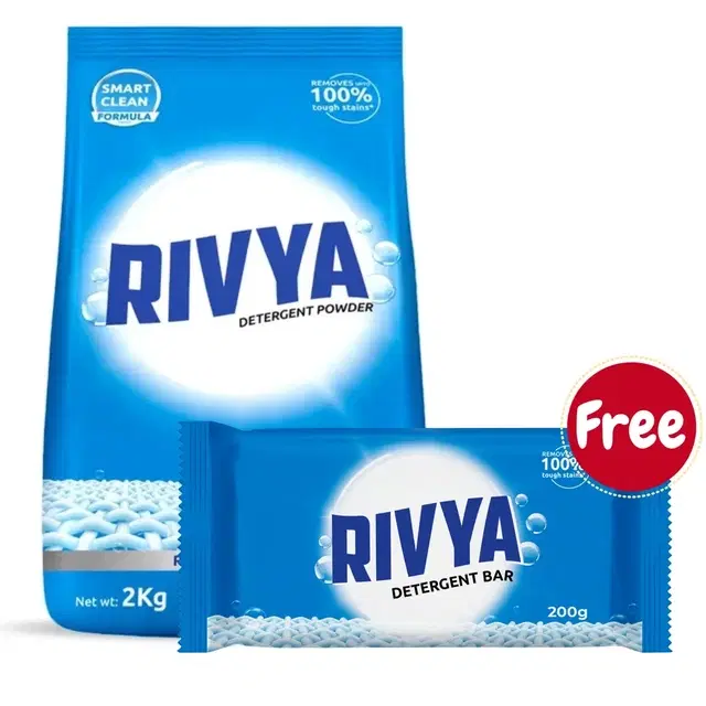 Rivya Rose & Jasmine Detergent Powder 2 kg + Rivya Detergent Bar 200 g (Free)