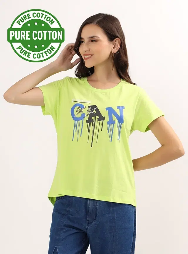 Round Neck Printed T-Shirt for Women, Green (S)