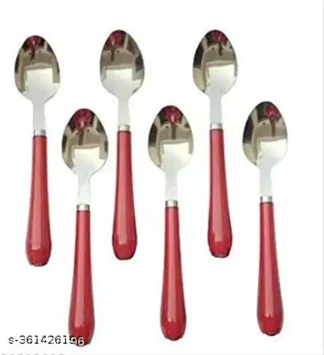 Stainless Steel Spoon, Silver & Red, Pack of 6