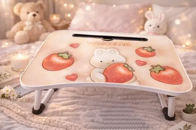 3D Strawberry Heart  Foldable Wooden Mini Laptop & Study Table for Bed (48*30 cm)