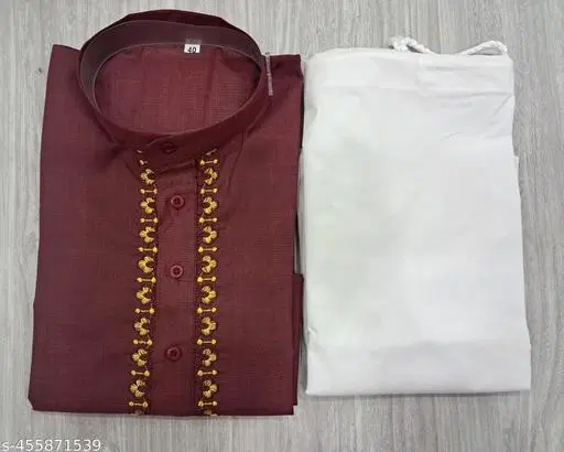 Cotton Solid Kurta Set for Men, White & Maroon (M)