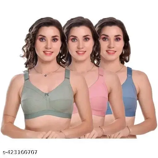 Cotton Blend Solid Bra for Women & Girls, Multicolour, Pack of 3 (36D)