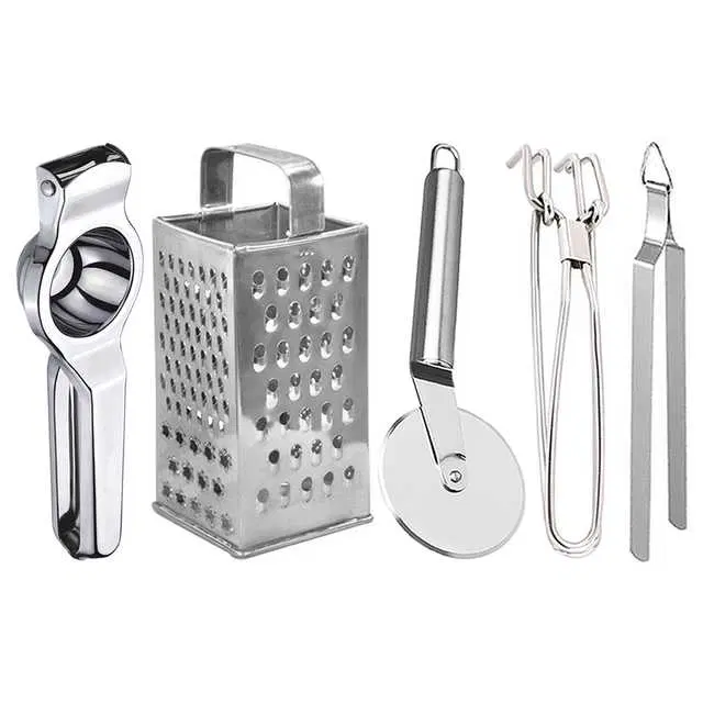 Oc9 Stainless Steel Lemon Squeezer & 4 in 1 Grater Or Slicer & Pizza Cutter & Utility Pakkad & Roti Chimta Kitchen Tool Set, O-125