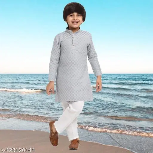 Cotton Blend Kurta with Pyjama for Boys (Grey & White, 11-12 Years)