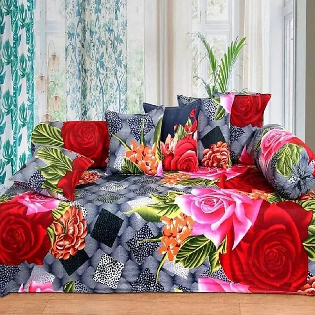 Swadeshi Style PolyCotton Diwan Set with 8 Pieces 1 Single Bed Sheet with 5 Cushions Covers and 2 Bolster Covers, Multicolor, 150 cm X 230 cm, DD-56