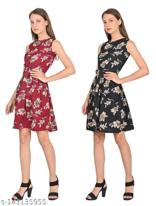 Cotton Printed Midi Dresses or Women, Maroon & Black, Pack of 2 (28)
