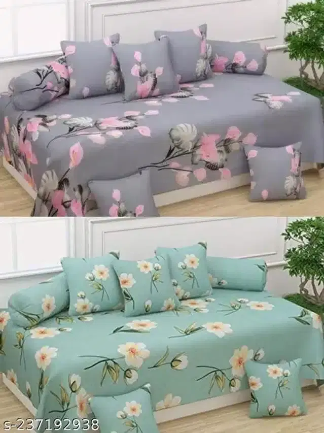 Polycotton Diwan Cover Set, Grey & Aqua Green, Combo of 2