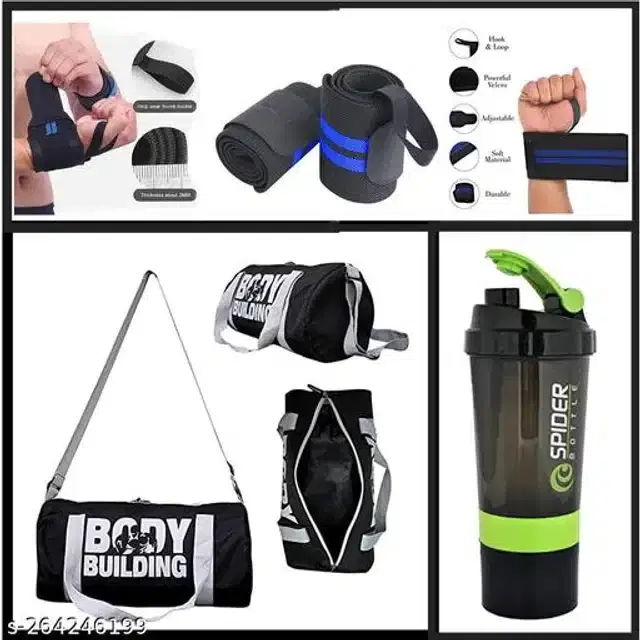 Combo of Gym Bag with Shaker Bottle, 600 ml, Wrist Support Bands, Multicolor, Set of 3