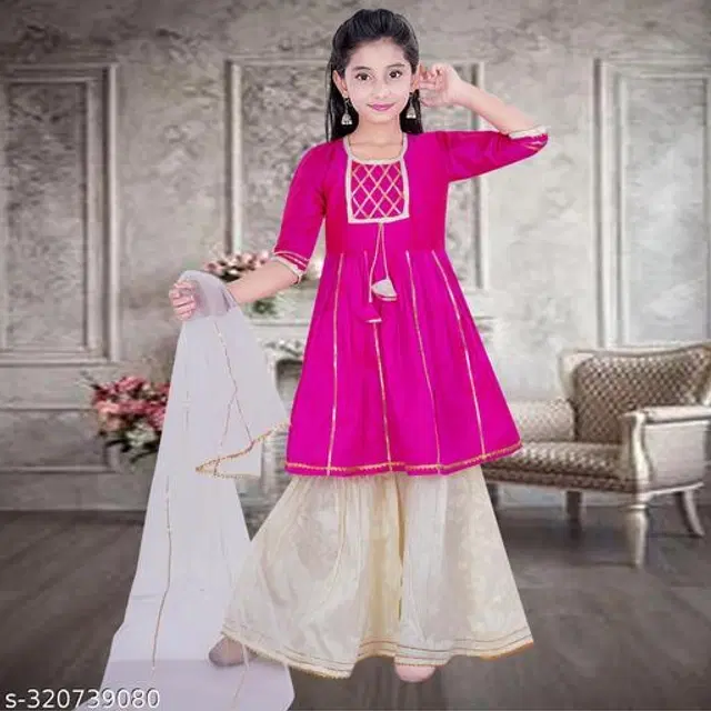 Dupion Silk Kurta Sets for Girls (Pink & White, 4-5 Years)