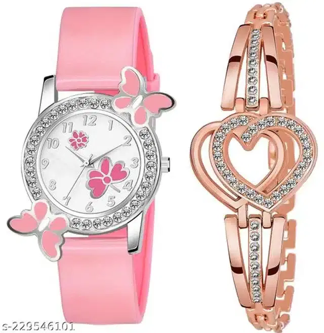Analog Watch with Bracelet for Women, Set of 2 (Multicolor)