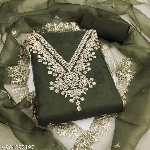 Organza Embroidered Punjabi/All Over Suits for Women (Green, Un Stitched)
