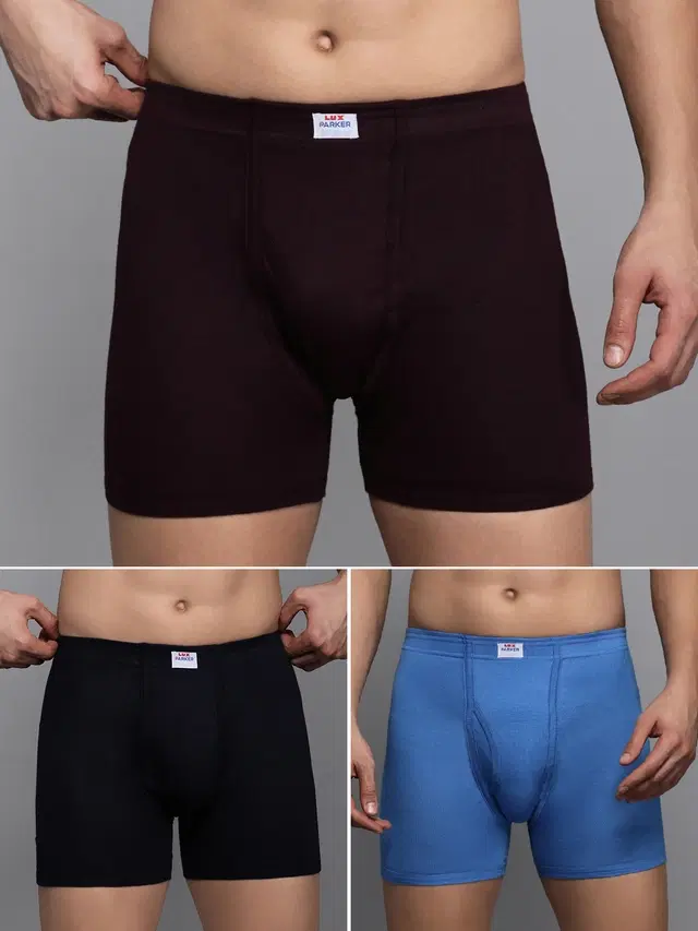 Lux Parker Cotton Solid IE Long Trunks for Men Pack of 3, Assorted (90cm)