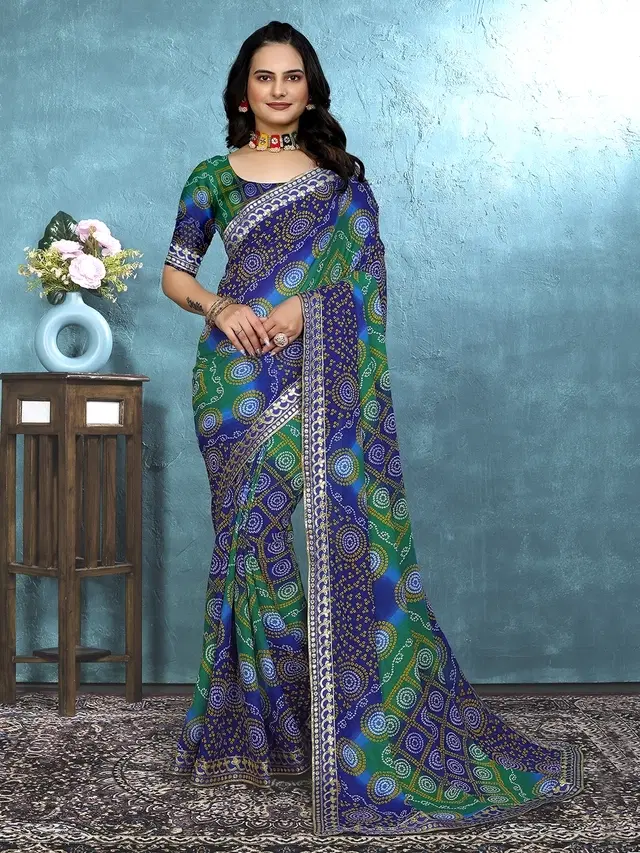Georgette Bandhini Saree for Women, Blue