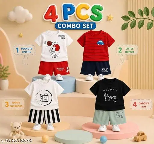 Cotton Top & Bottom Sets for Boys, Pack of 4 (Red, 3-4 Years)