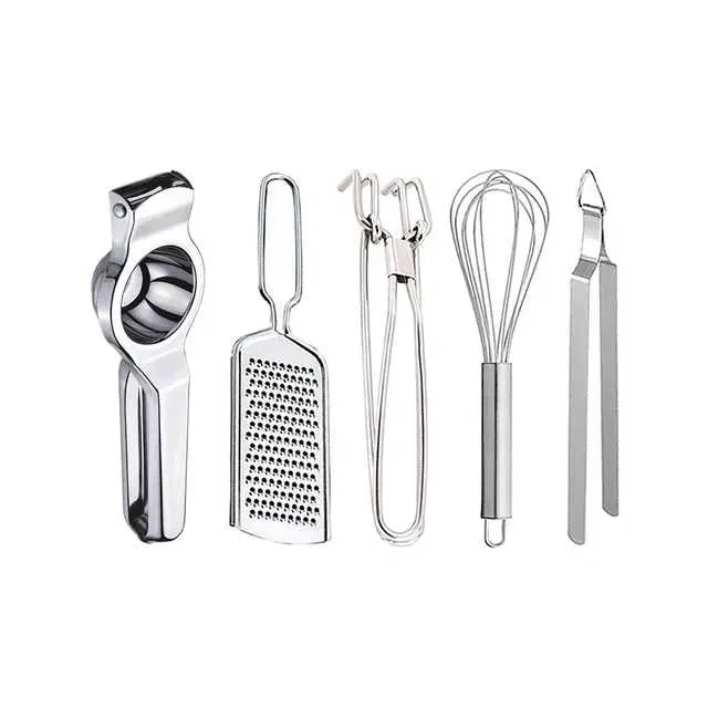 Oc9 Stainless Steel Lemon Squeezer & Cheese Grater & Pakkad & Egg Whisk & Roti Chimta Kitchen Tool Set, O-59