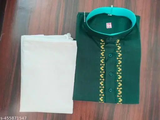 Cotton Solid Kurta Set for Men, White & Teal (M)