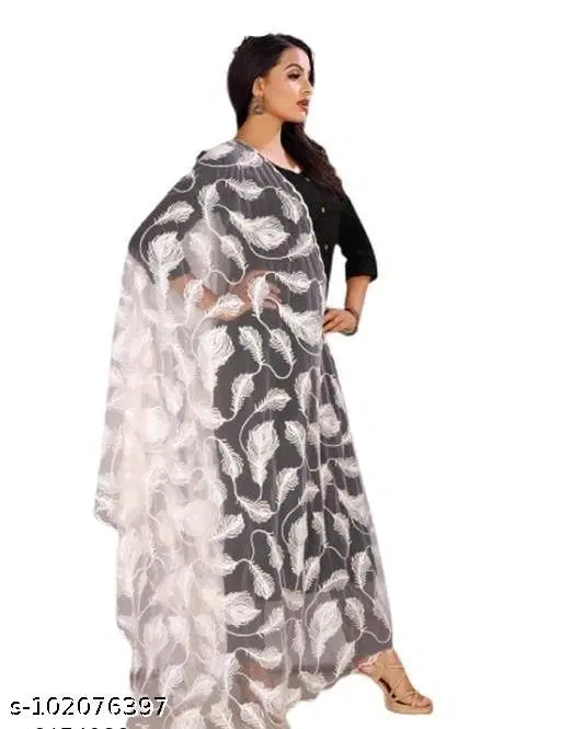Embroidered Jaipuri Net Botanical Sewing & Embroidery (White, Free Size)