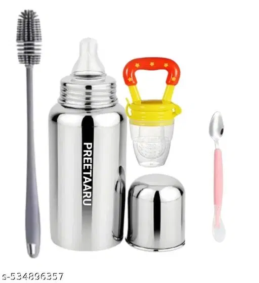 Steel Feeding Bottle 250 Ml, Soft Silicone Fruit Nibbler 10 Ml, Bottle Cleaning Brush With Cutter Spoon Pack Of 4