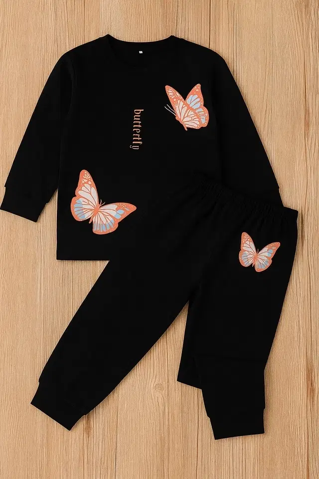 Hoisery Printed Clothing Set for Girls (Black, 0-6 Months)