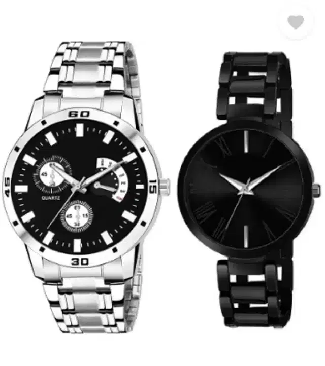 Couple Analog Watches, Pack of 2 (Silver & Black)