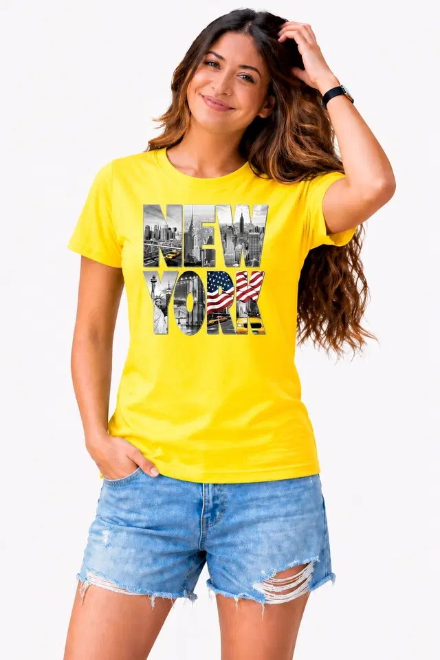 Cotton Blend Tshirts for Women (Yellow, S)
