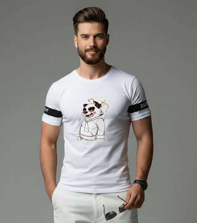 Polyester Printed T-shirt for Men, White (XL)