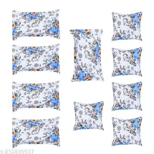 Cotton 5 Cushion Covers with 5 Pillow Covers, Blue, Set of 2