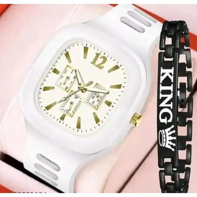 Analog Watch & Bracelet for Men, Pack of 2 (White & Black)