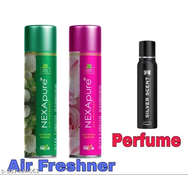 Nexa Mogra with Rose Air Freshener, 250 ml, Pack of 2 & Silver Scent Perfume, 75 ml, Set of 2